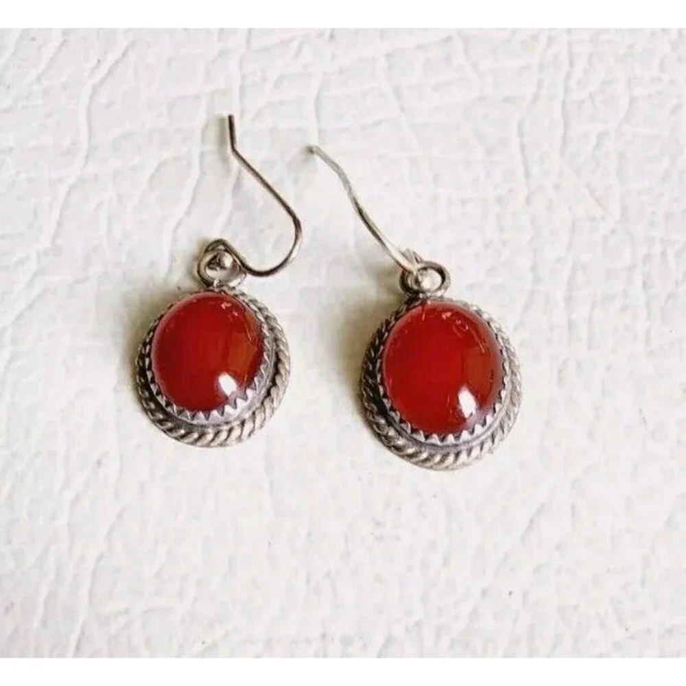 Native American AMB Sterling 925 Silver Carnelian Handmade Ovals Earrings 4.73g - Picture 2 of 7